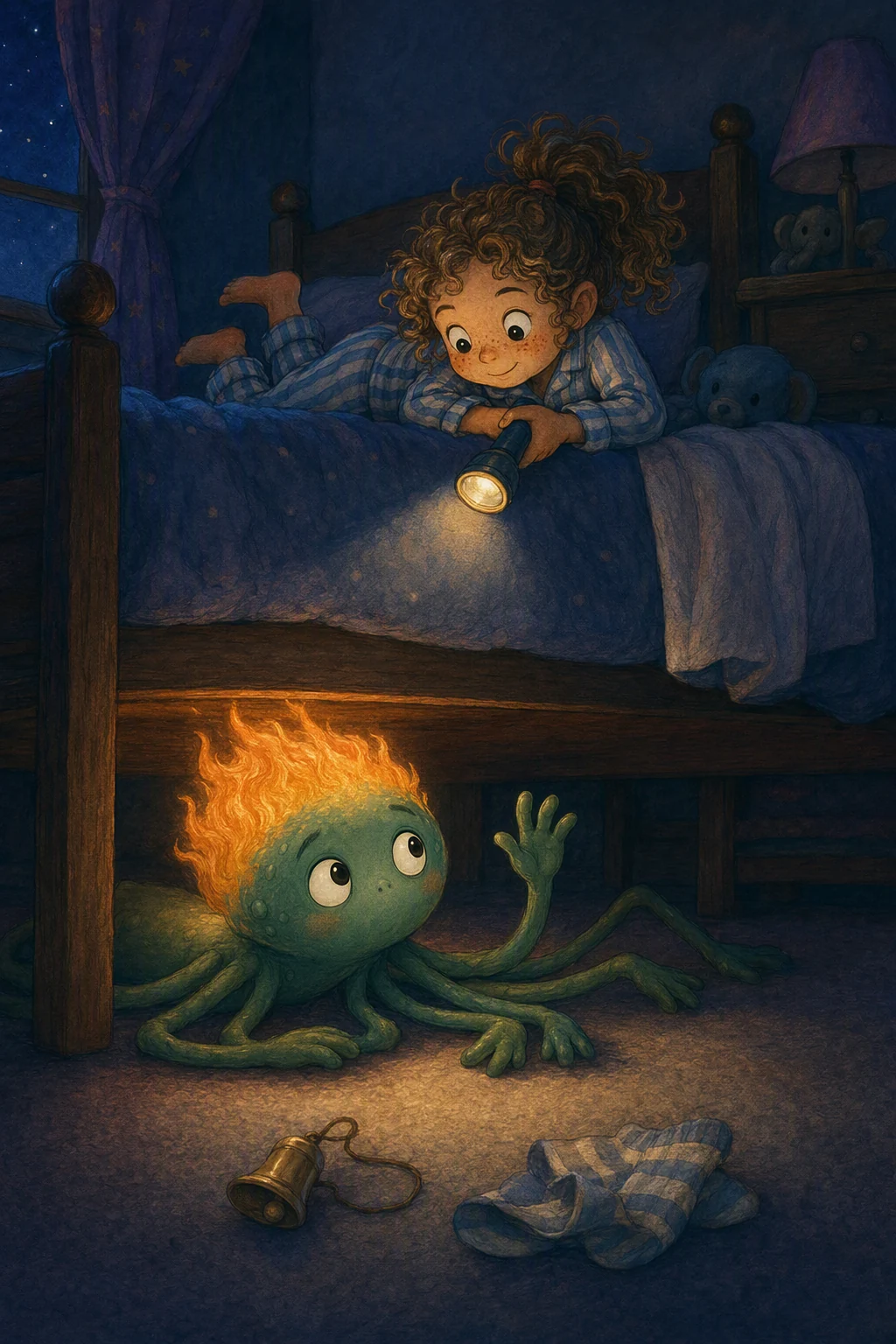 Parker shines a flashlight under her bed, where green, eight-armed Octavitin raises a hand beneath his glowing orange hair.
