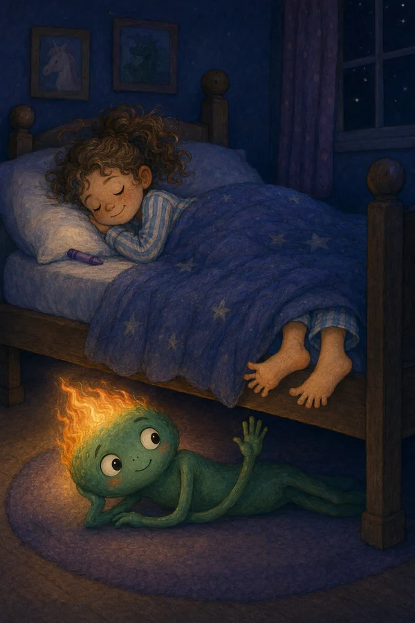 Parker sleeps peacefully with her feet out while Octavitin waves goodnight from under the bed.