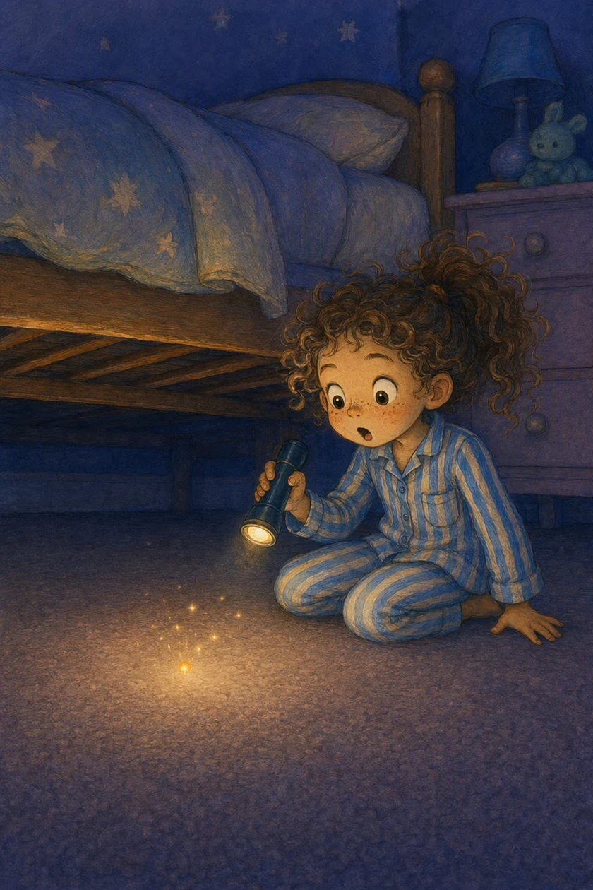 Parker looks beneath the bed with her flashlight. There is no creature in sight.